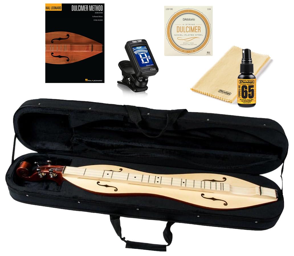 Applecreek Deluxe Spruce 4-String Mountain Dulcimer Hourglass Body w/Instrument Alley, Case, Book, True Tune Tuner, D'Addario J64 Strings, Polish Kit Bundle - ACD150K - Made in Romania
