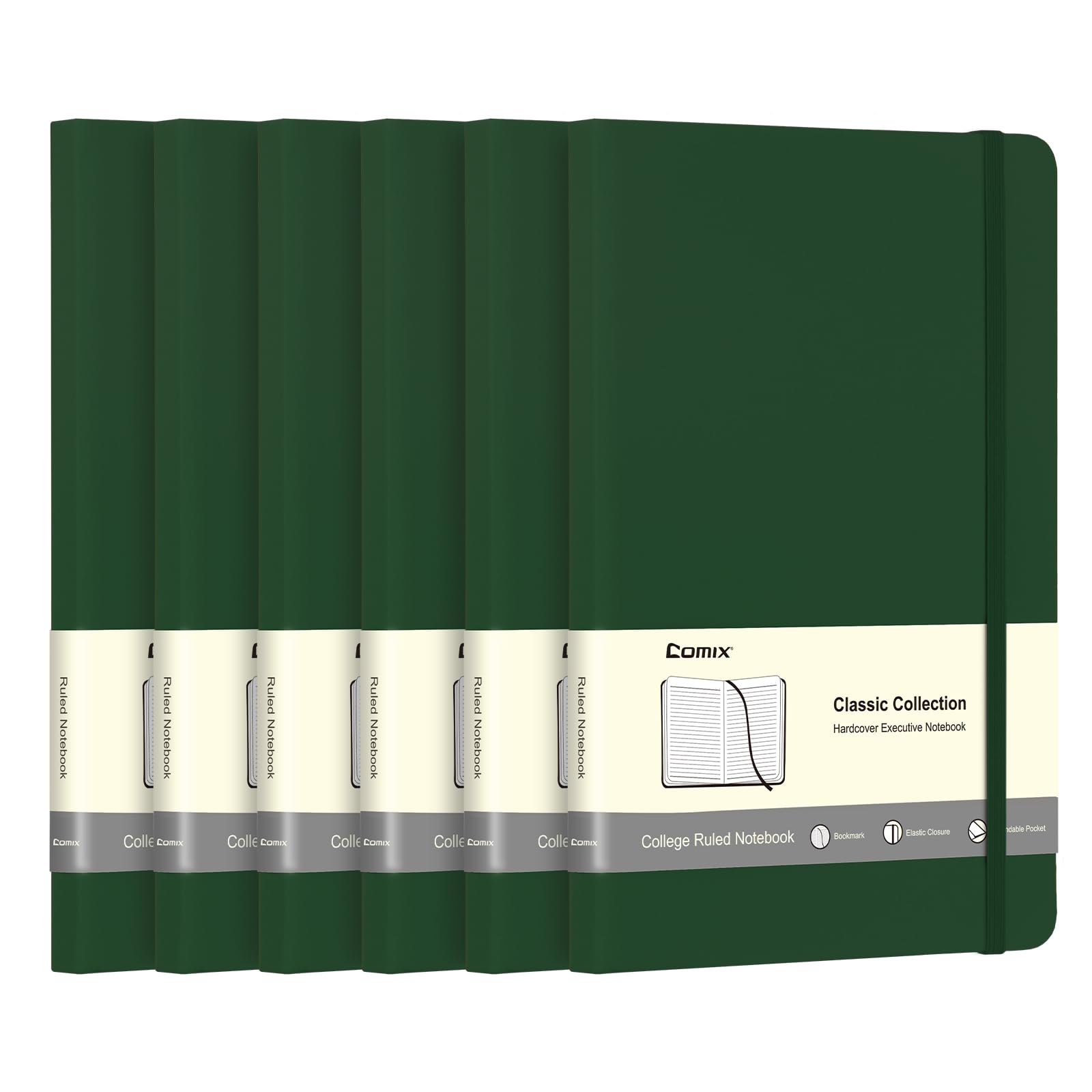 Comix 6 Pack Lined Journal Notebooks for Work, 240 Pages, 5.5"x8.3", Dark Green, Hardcover, A5 Medium College Ruled, Journaling Notebooks for Notes-taking, Fits for Office School Home