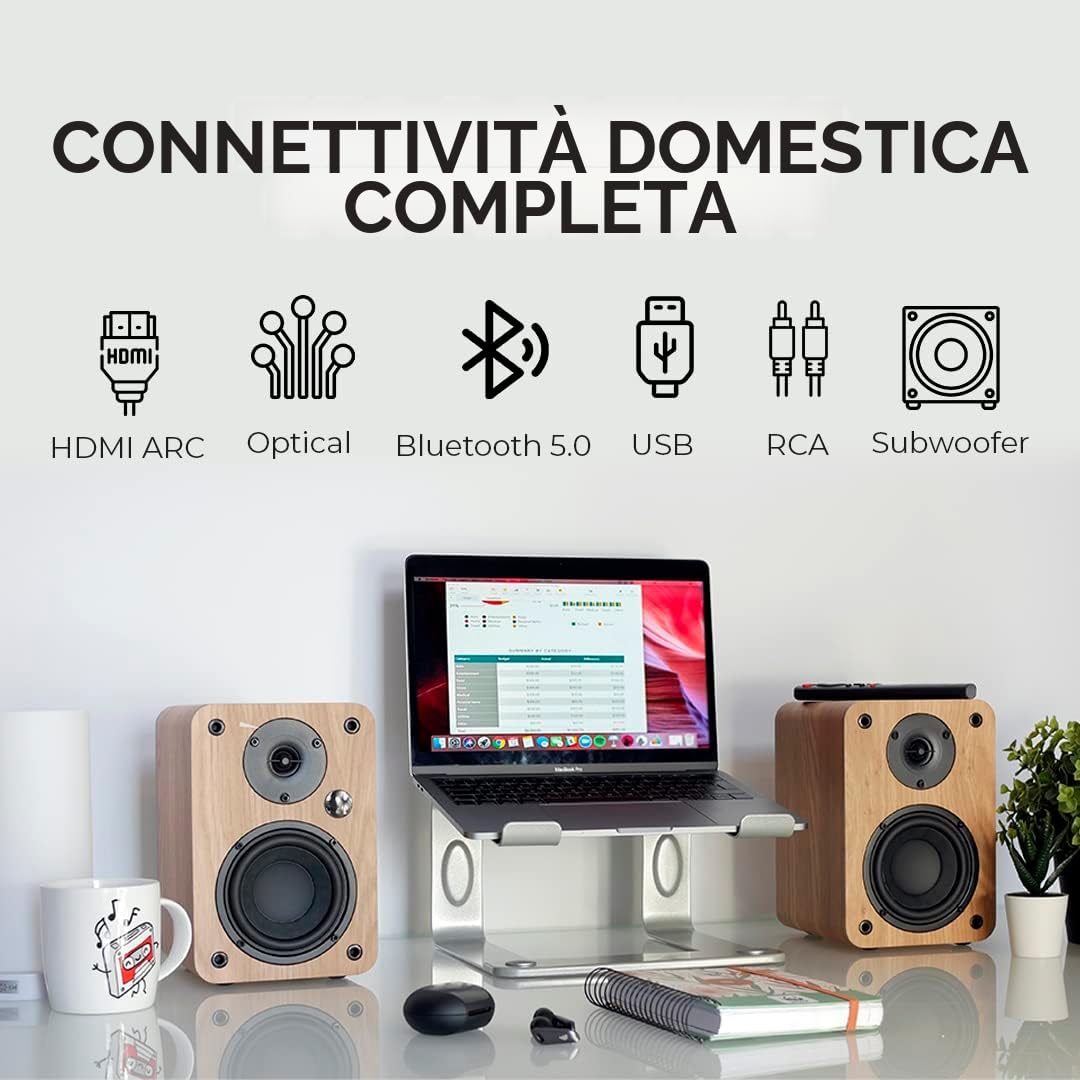 VULKKANO A4 ARC Cassa Amplificata con Woofer da 4", Bluetooth 5.0, HDMI ARC, Optica, RCA, USB, con Uscita Subwoofer, Casse Monitor con Design Elegante