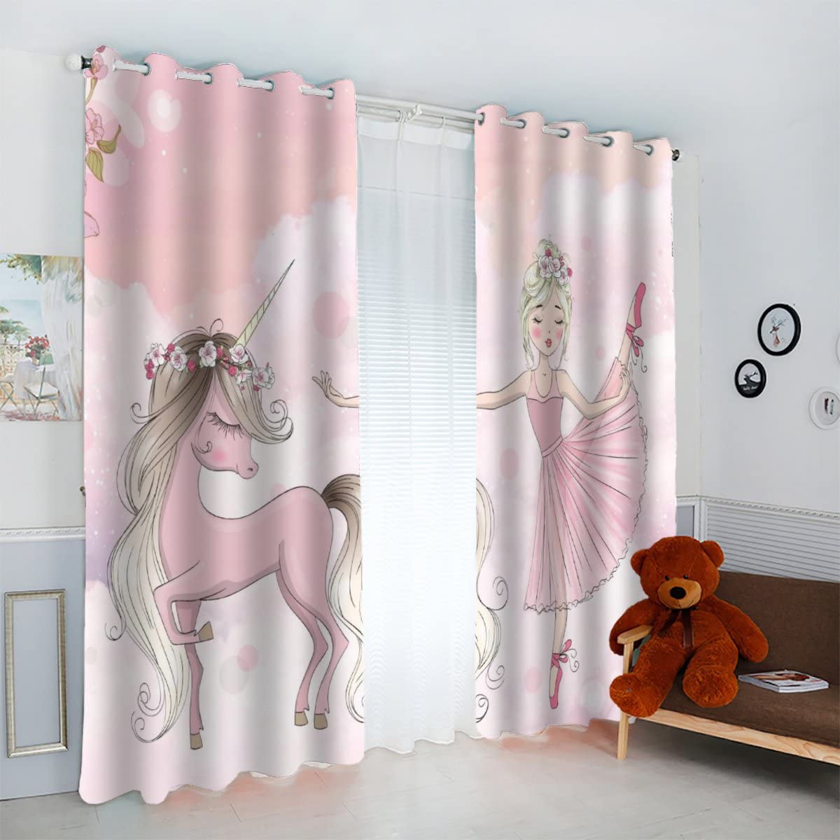 Vorhang Blickdicht mit Ösen 3D Mädchen und Pferd Verdunkelungsvorhang Wohnzimmer 2er Set, rosa Prinzessin schlossPolyester Schallschutz Gardinen für Kinderzimmer Dekoration 280x250 cm