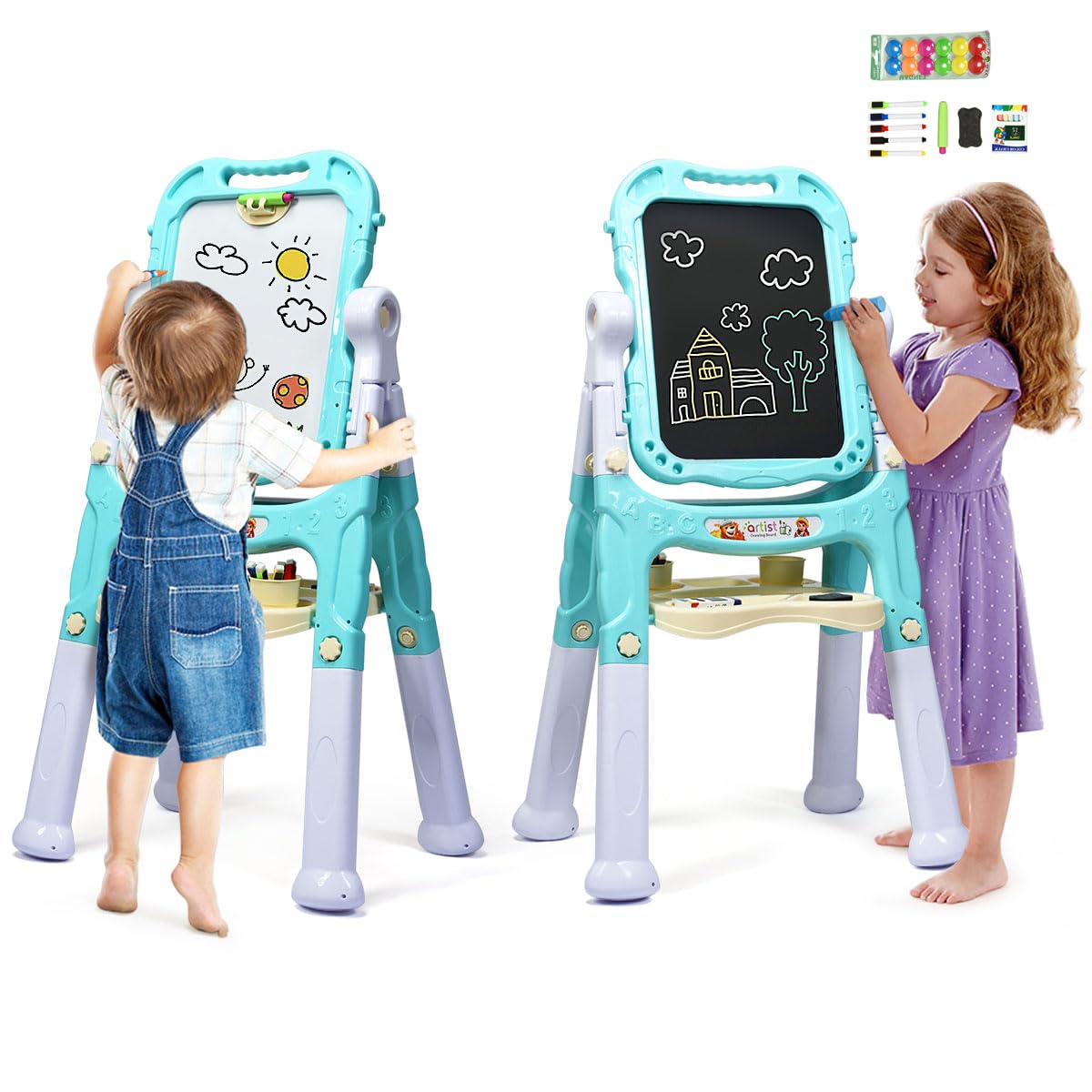 COSTWAY Kids Double Sided Easel with Magnetic Whiteboard and Chalkboard, Art Accessories, Storage Tray, Height Adjustable & 360° Rotatable Drawing Board Educational Toys for Boys Girls