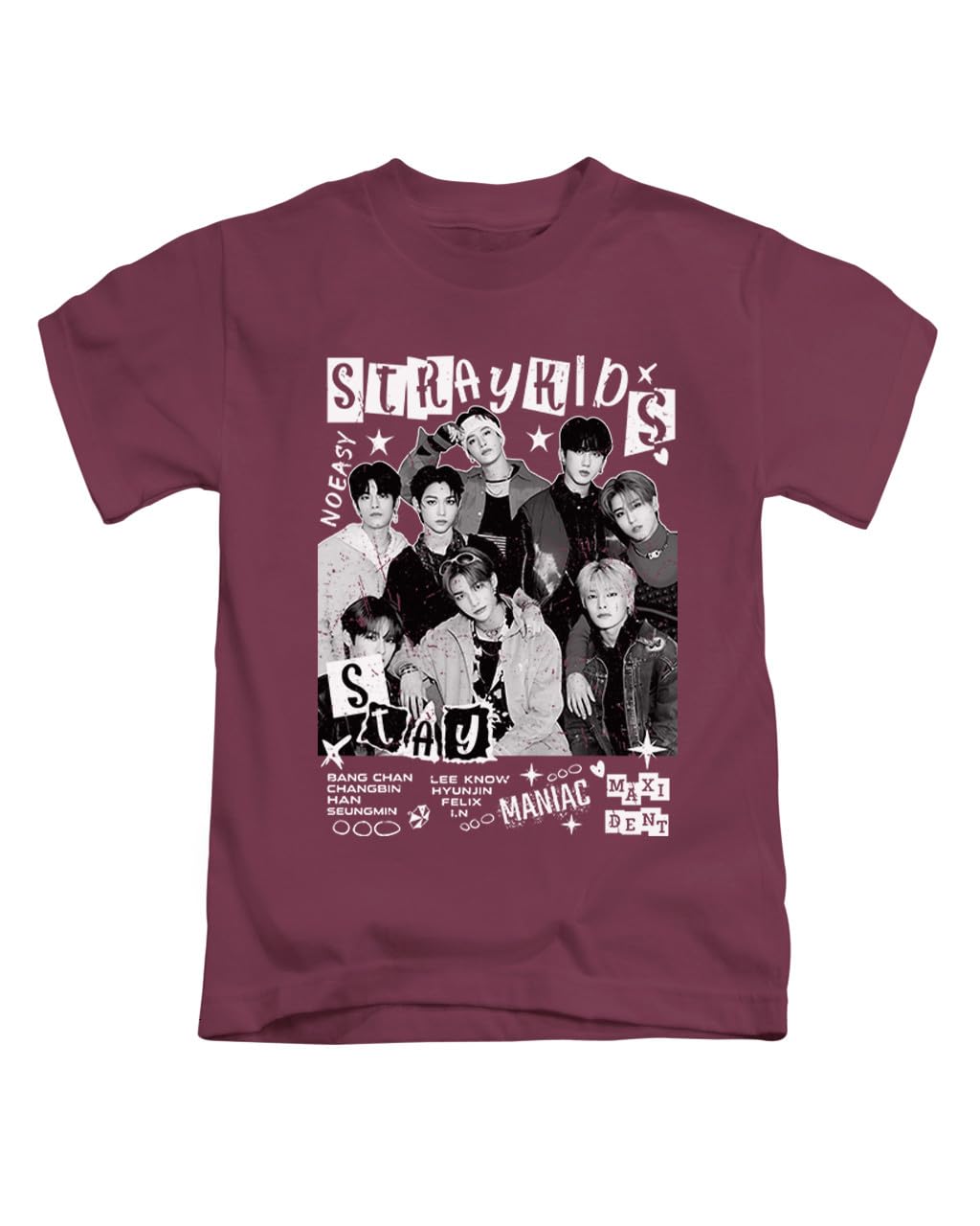 Kids pop Stray, Iconic Icons Trendy Cool Korean k Fun Cute Felix lee Bang Tee T-Shirt Funny Unisex T Shirt Top Maroon