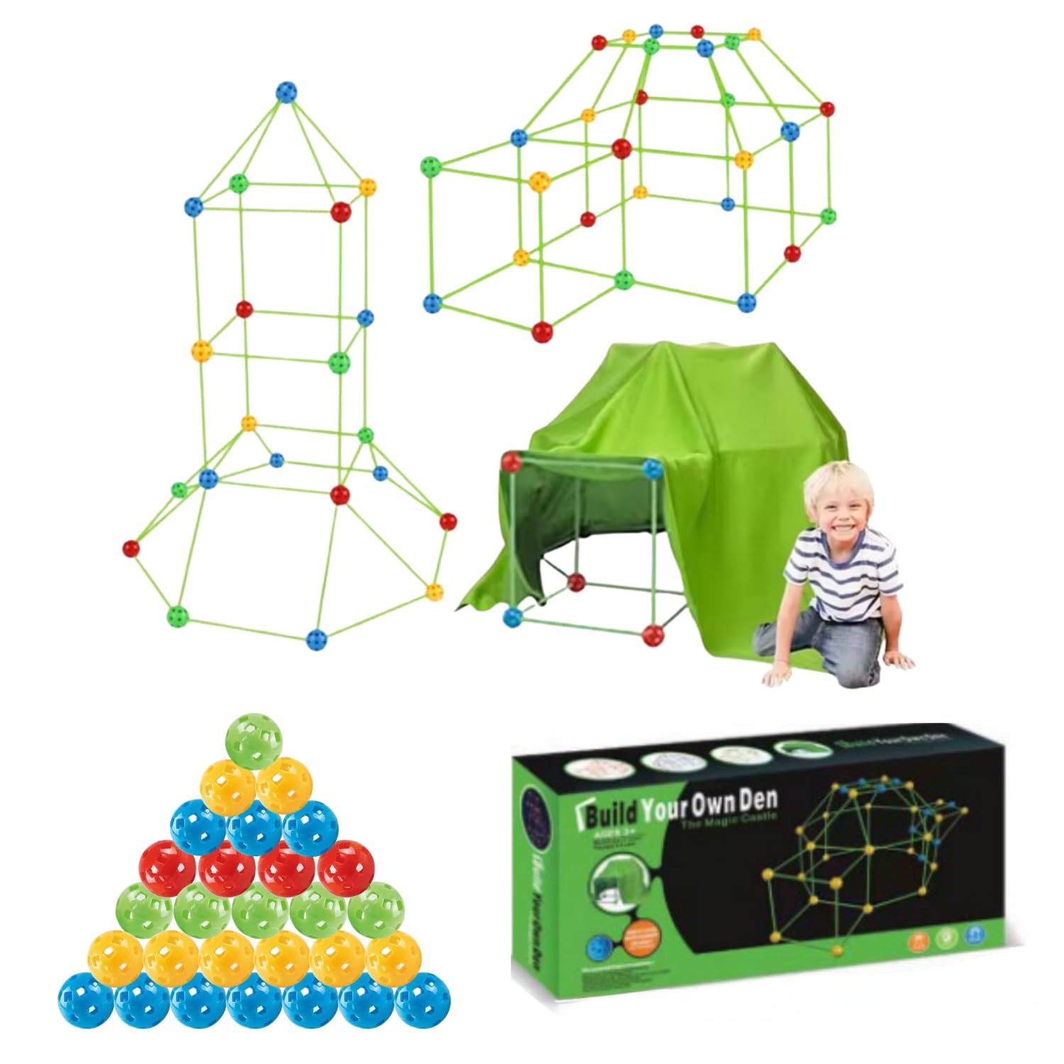 MOTTOYS 356 Pcs Fort Building Kit - 100 Sticks 55 Balls, 200 Connectors and 1 Tent - Creative Indoor Buildable Kit for Kid - Outdoor Toys for Kid Ages 4-8 - DIY Toys (Fort Building Kit 356 Pcs)