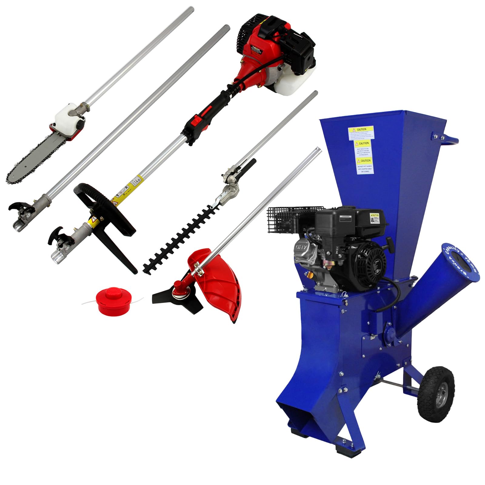 Herramienta Multifunción 5en1 para Jardín de 52cc para Jardinería + Astilladora de Madera 15 HP y 420 cc | 5 Accesorios incluídos: Desbrozadora, Cortadora de césped, Motosierra y Cortasetos, Extensor