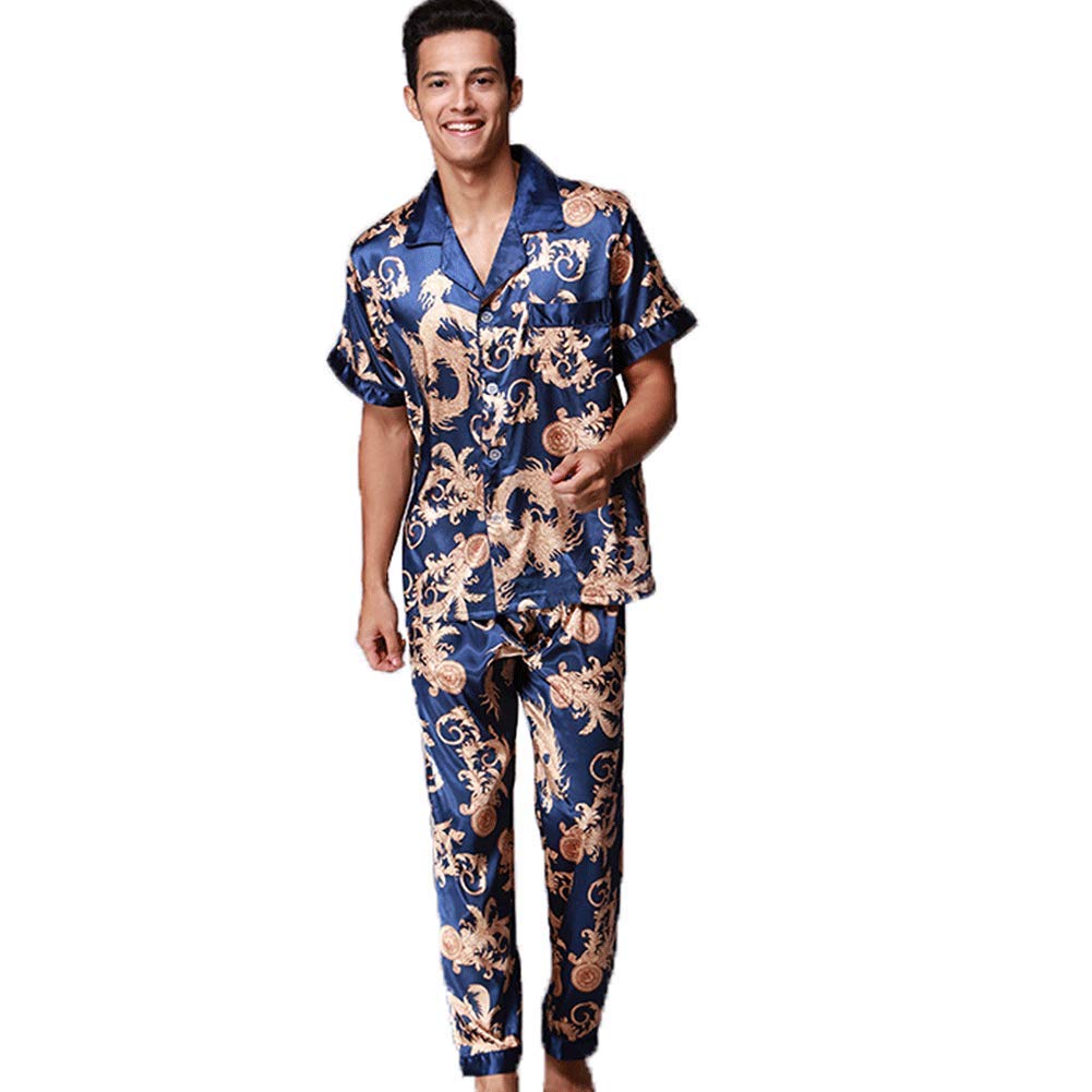 ZUEVI Men's Silk Satin Pajamas Set Short Sleeve Dragon Pattern Pjs Sets Classic Loungewear Button-Down Sleepwear