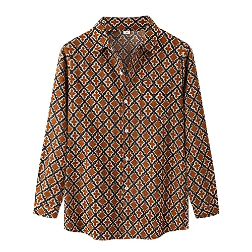 T-Shirts for Men Bright Surface Plaid Long-Sleeved Pocket Solid Color Stand Collar Tops Autumn Casual Slim Blouse Tee (12 Brown, XL)