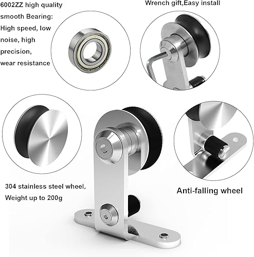 Miniatura 8 de TSMST Kit de herrajes para puerta corrediza de granero de 6 pies, montaje superior, riel de puerta de granero resistente de acero inoxidable para