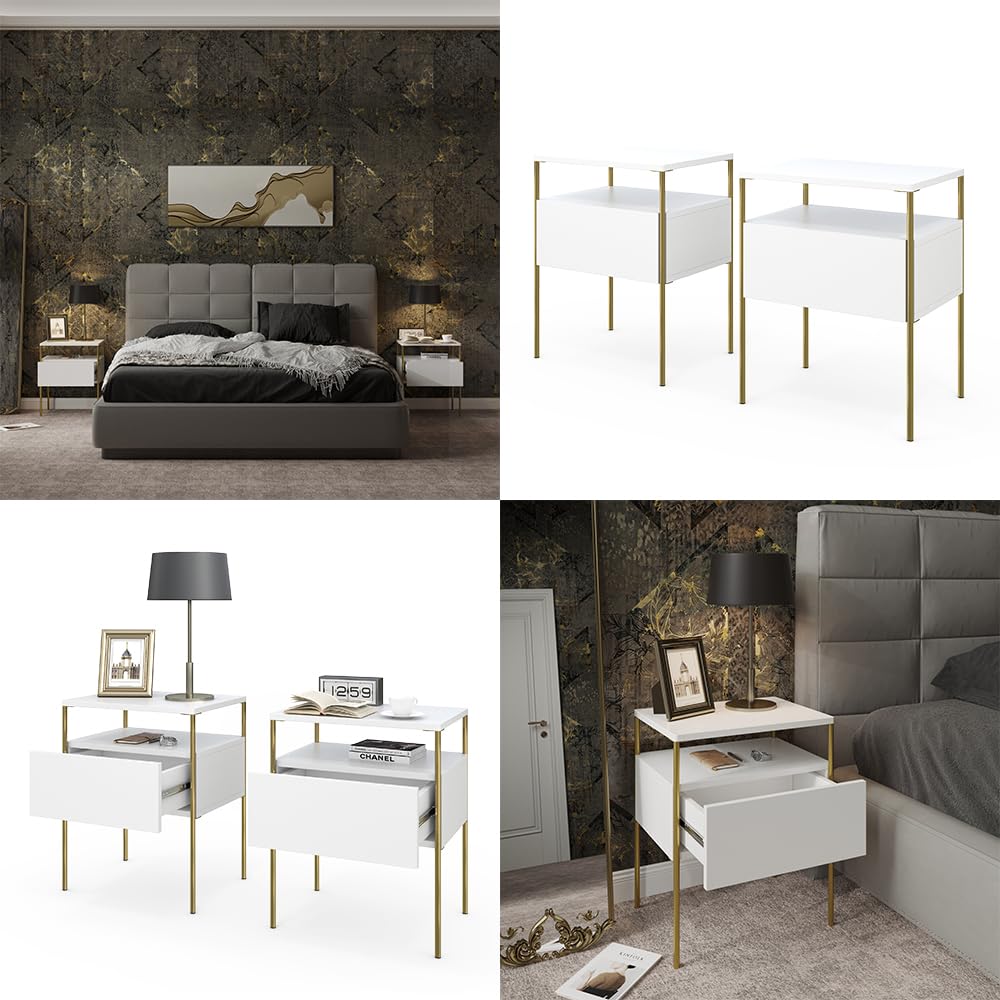 Vicco Comodino camera da letto Mira, Bianco/Oro,