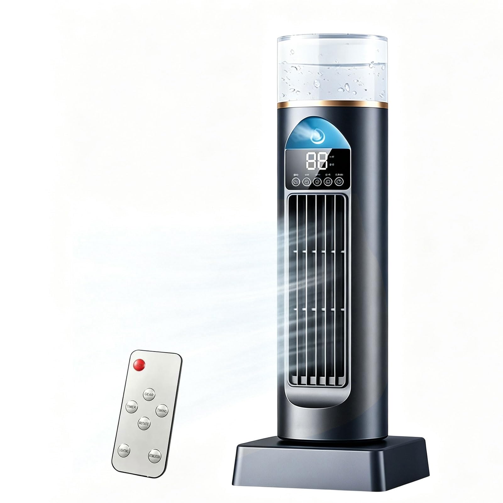 Silent Oscillating Bladeless Tower Fan, 6-Speed Portable Air Cooler with Remote Control, Tower Fan with Water Tank & Cold Fog, USB Humidifier for Bedroom Living Room Office Caravan
