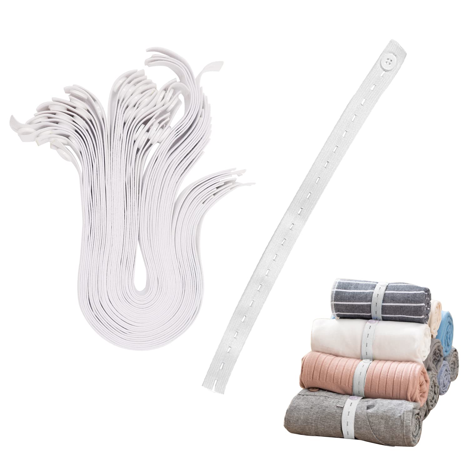 LELE LIFE 30Pcs Clothes Storage Elastic Band, Adjustable Clothing Storage Strap with Button Buttonholes, Travel Luggage Space Saver, Drawer Closet Organizer, White