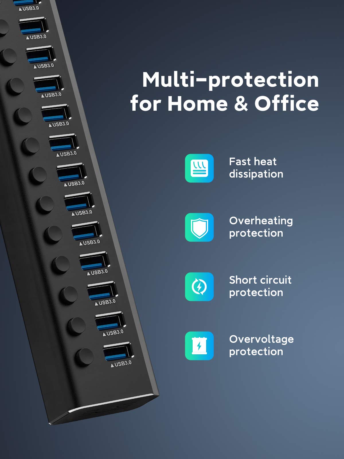 RSHTECH Aluminium16 Port USB Hub Aktiv 3.0 mit 100W Netzteil, RSH-A16 | USB 3.0 Hub mit Schalter - für PC, Mobile HDD, Flash-Laufwerk, Professionelle Business Grade - Stabile Datenübertragung