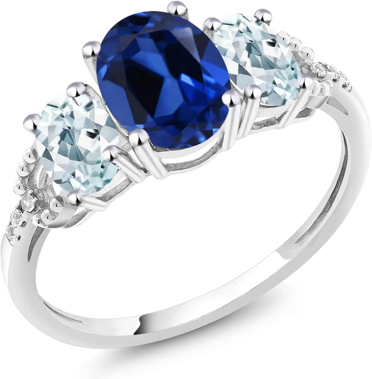 Gem Stone King 10K White Gold Blue Created Sapphire Sky Blue Aquamarine and Diamond Accent 3-Stone Engagement Ring | 2.51 Cttw | 3 Stone Wedding Anniversary Promise Ring For Women