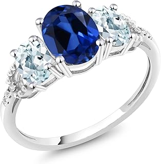 10K White Gold Blue Created Sapphire Sky Blue Aquamarine and Diamond Accent 3-Stone Engagement Ring | 2.51 Cttw | 3 Stone Wedding Anniversary Promise Ring For Women