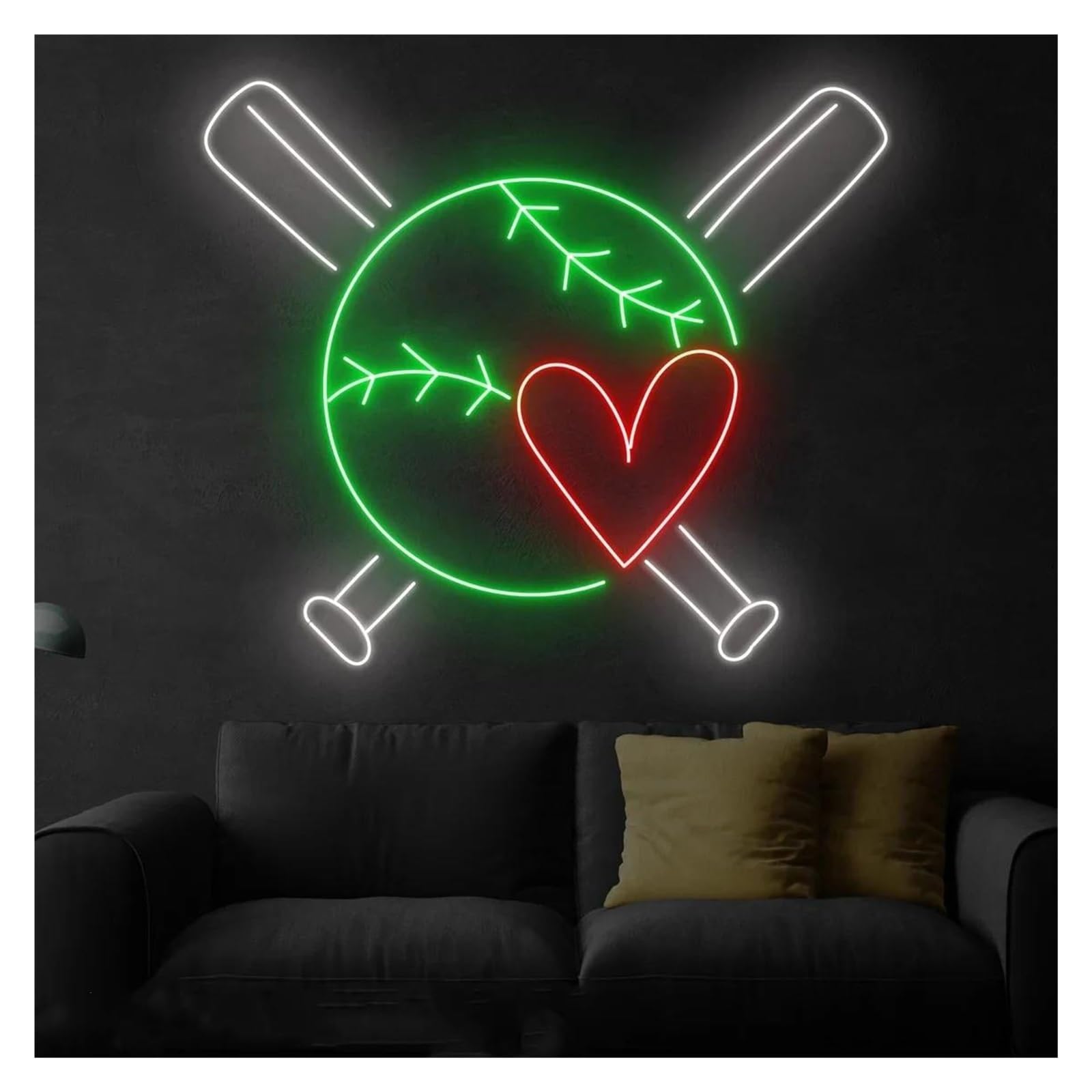 Scritta luminosa Insegna Al Neon A Forma Di Cuore Con Mazza Da Baseball Per La Decorazione Di Negozi Di Baseball, Club E Stanze Per Amanti Dello Sport 38cm