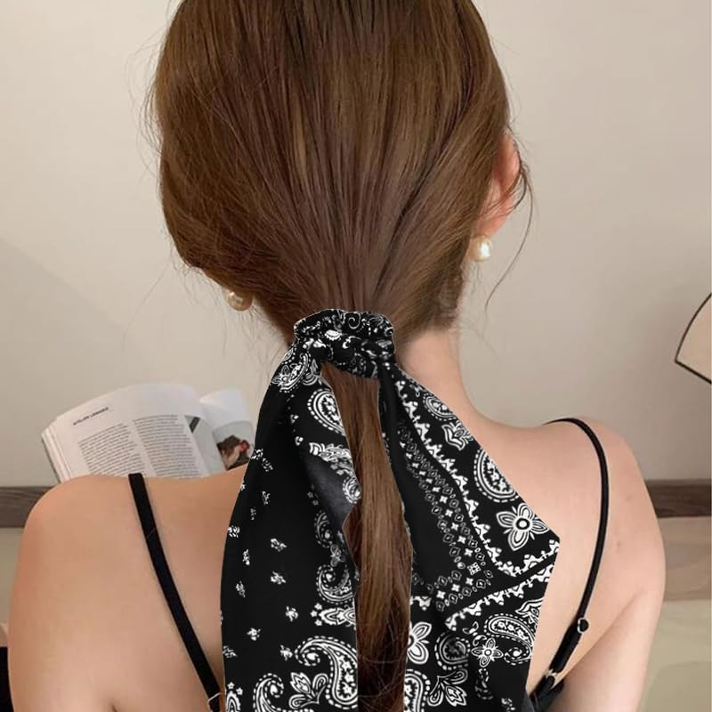 Red Bandana Hair Scrunchies for Women Black Paisley Print Hair Bow Ribbons for Ponytail Holders Hair Accessories for Girls Elastic Hair Ties with Ribbon Hair Scrunchy Bandanas Bowknot Hair Ropes 2PCS - Image 2