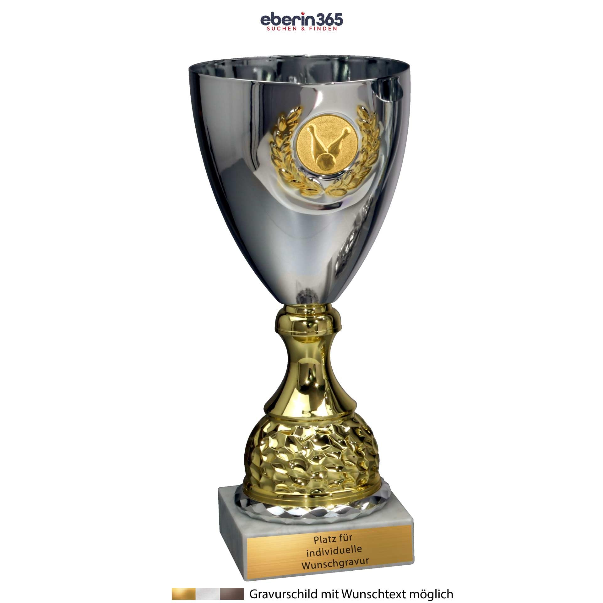 · Metall Pokal Anneke · Kelchpokal Silber-Gold · Pokal mit Wunschtext und auswählbarem Motiv-Emblem in 4 Größen vorhanden