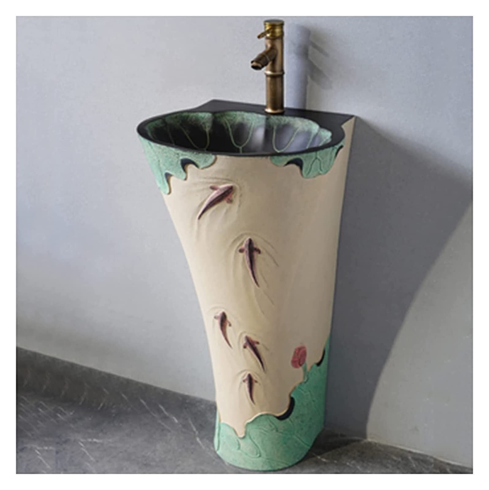 TIANQIHAO Art Bathroom Basin Sink With Full Pedestal, Pedestal Vessel Handmade Lavatory Faucet And Drain Installation Hole For Indoor Outdo,Without Mirror,Without mirror