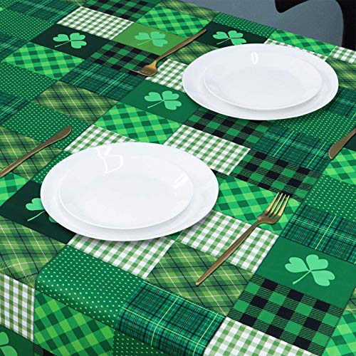St. Patrick’s Day Tablecloth, Green Lucky Shamrock Table Cloth, Buffalo Plaid Checkered Tablecloths, Four Leaf Clovers Waterproof Tablecloth Rectangle for Dinner Party Decoration, 60 x 84 inch