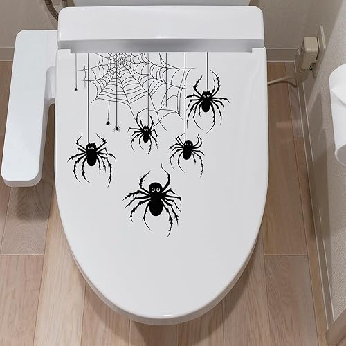 Miniatura 4 de Calcomanías de telaraña de Halloween con arañas, autoadhesivas, para inodoro, baño, pared, decoración del hogar, extraíble, sin residuos, 2 juegos