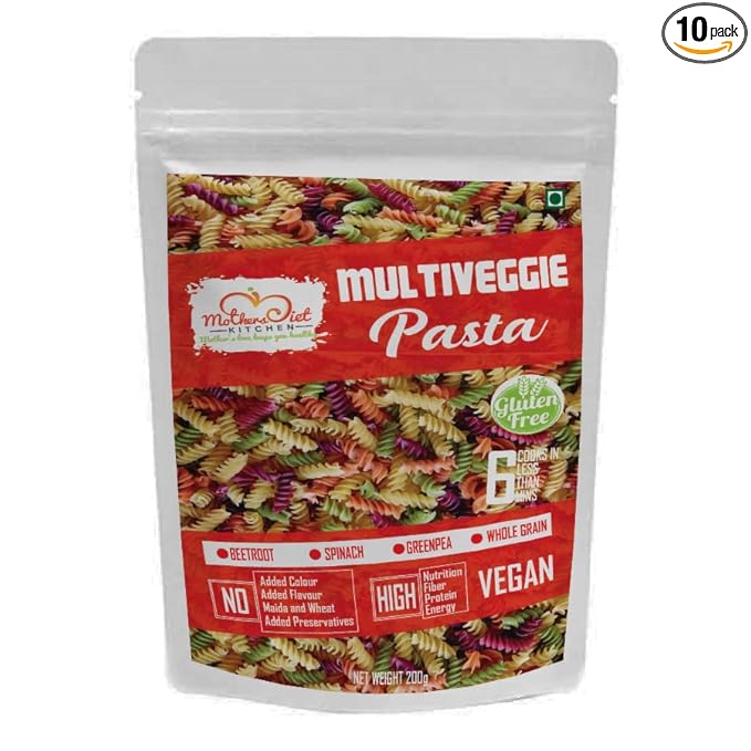 Gluten Free Multi Veggie Pasta | Fusilli Pasta | No Maida No Sooji | Beetroot, Spinach & Green Pea | 200g