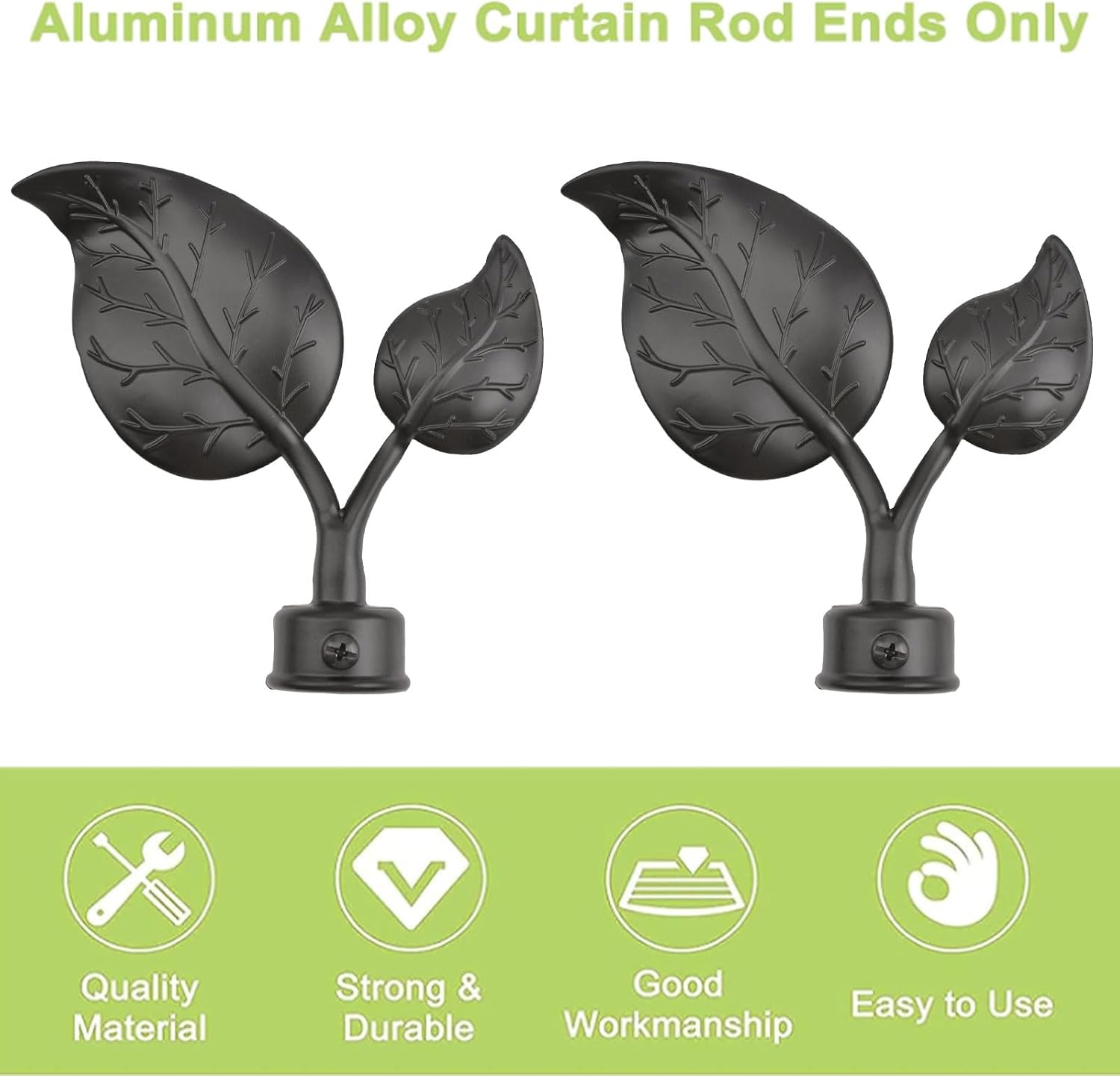 Curtain Finials Only with Screws, 4Pcs Black Aluminum Alloy Drapery Rail Pole Head Cap Leaf Window Drapery Curtain Rod Decor Finials, Fit for 28mm/1.1 inches Diameter Rod (Leaf Shape)