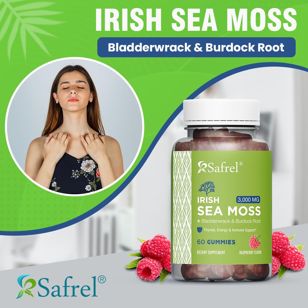 Safrel Irish Sea Moss Gummies 3000mg with Bladderwrack and Burdock Root, Thyroid Energy and Immune Support, Vegan Raspberry Flavor, 60 Gummies — Amazon image 2