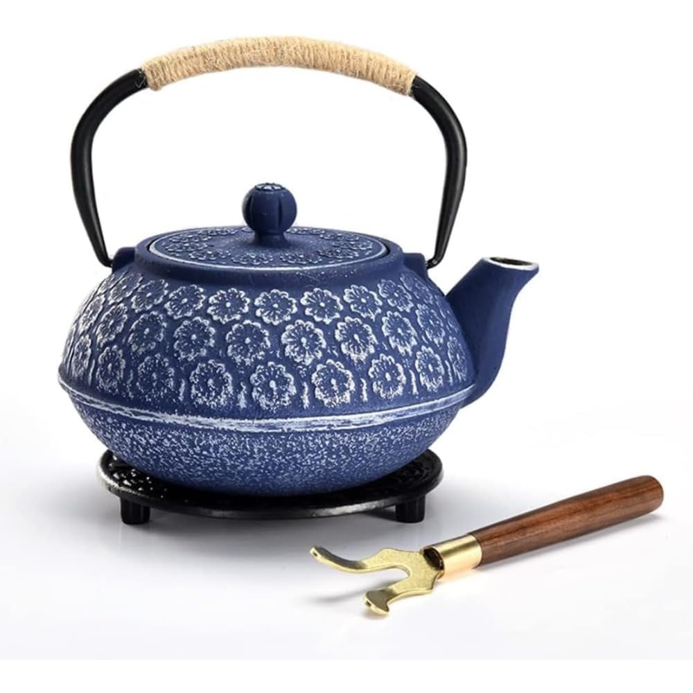 ITMEAT Nambu Iron Pot, Cherry Blossom Teapot, Iron Casting, Tea Ceremony, Supplementary Iron Gas Stove, Charcoal Fire, Electromagnetic Stove, Open Flame Traditional Craft (+Fork Pad, Blue) : Home & Ki