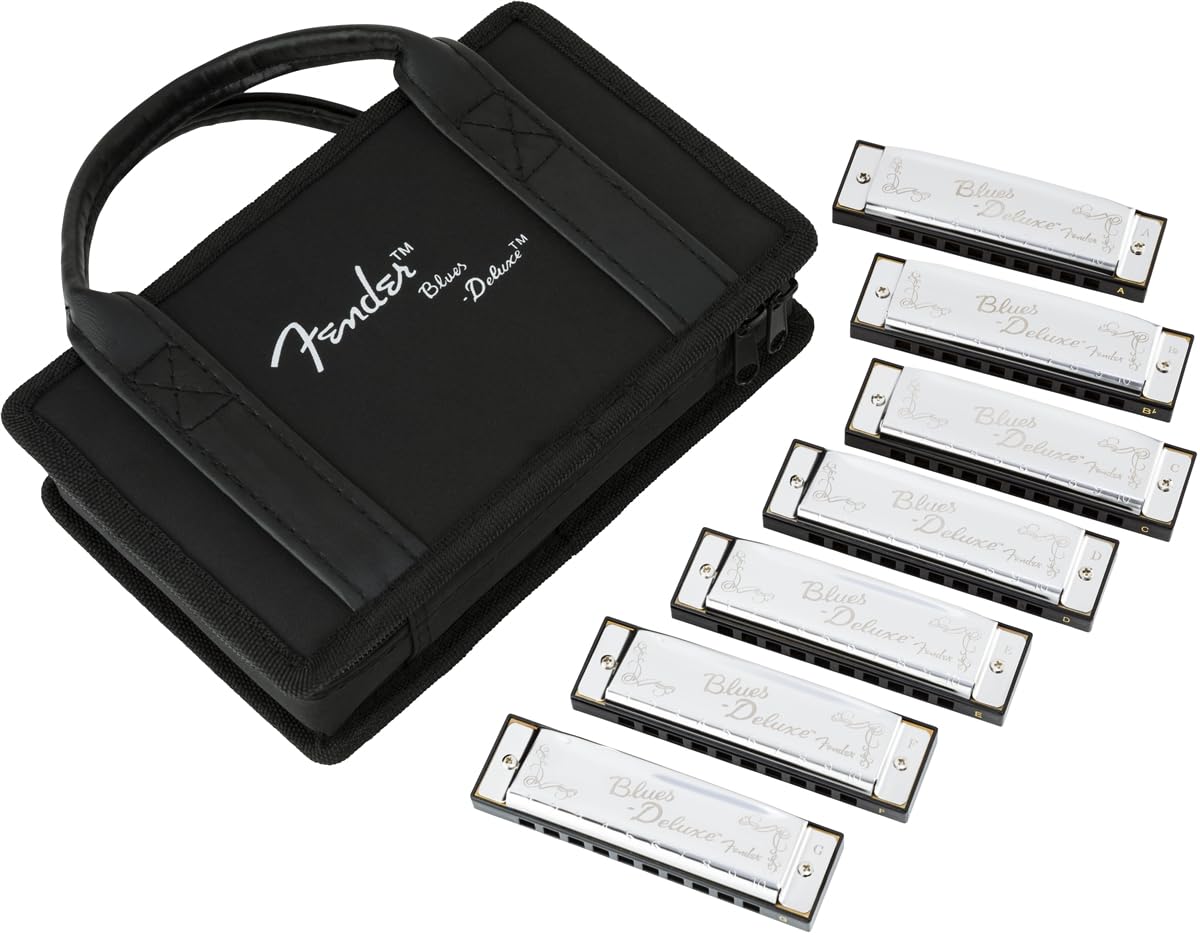 Fender Blues Deluxe Harmonica Set, 7-Pack, Chromed Metal Covers, Classic Bright Tone, Multiple Keys, Includes Case, Nickel