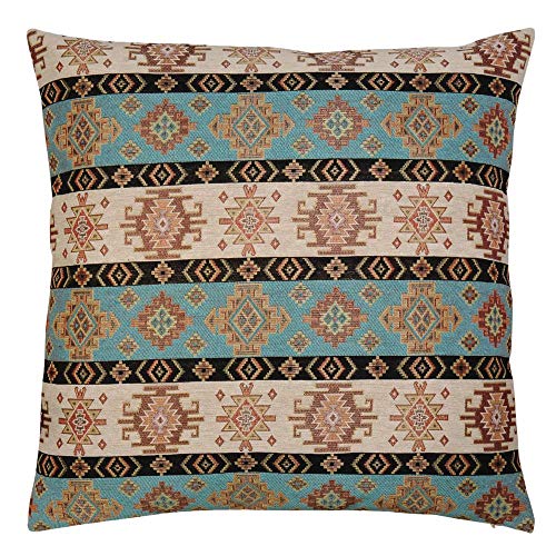 pillowerus Large Boho Throw Pillow Covers Turquoise and Cream - 22 x 22 Inches Decorative Kilim Pillows, Hippy Room Decor for Couch, Bohemian Outdoor Case for Farmhouse, for Sofa,