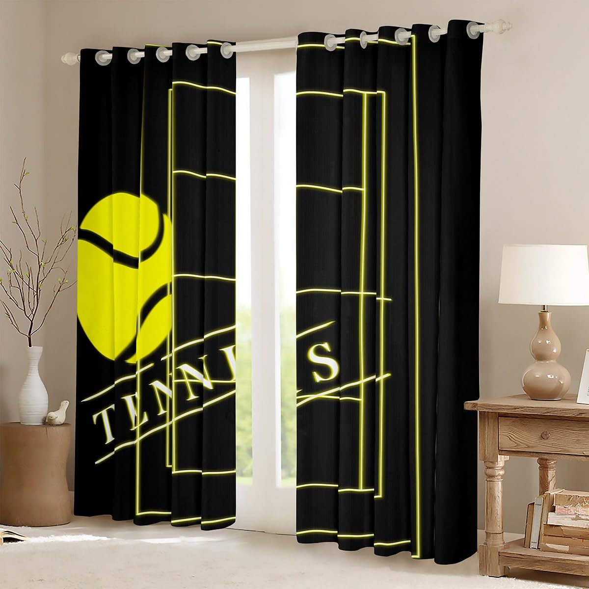 Erosebridal Sport Curtains for Toddler Kids Tennis Curtains & Drapes for Boys Girls, Black Yellow Blackout Curtains Gold Gradient Neon Bedroom Curtains, Sports Themed Window Treatments