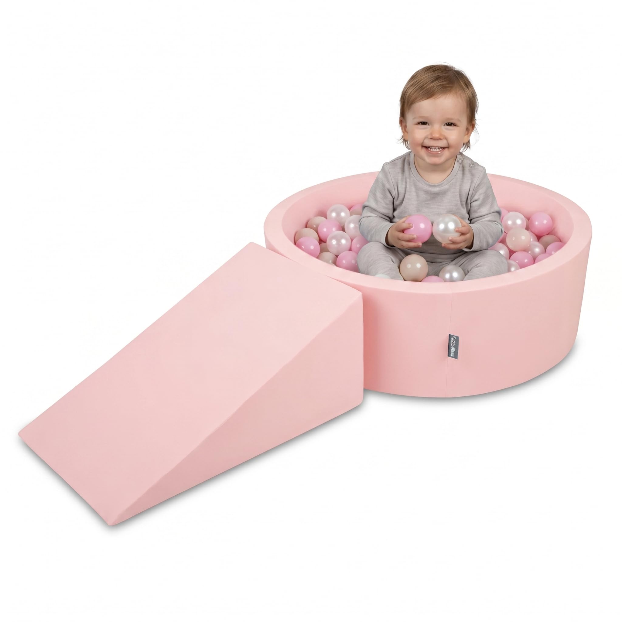 KiddyMoon Soft play set with ballpit 90x30cm and ramp 100 balls 7cm foam playground for babies and toddlers - Pink: Pastel beige Powder pink Pearl