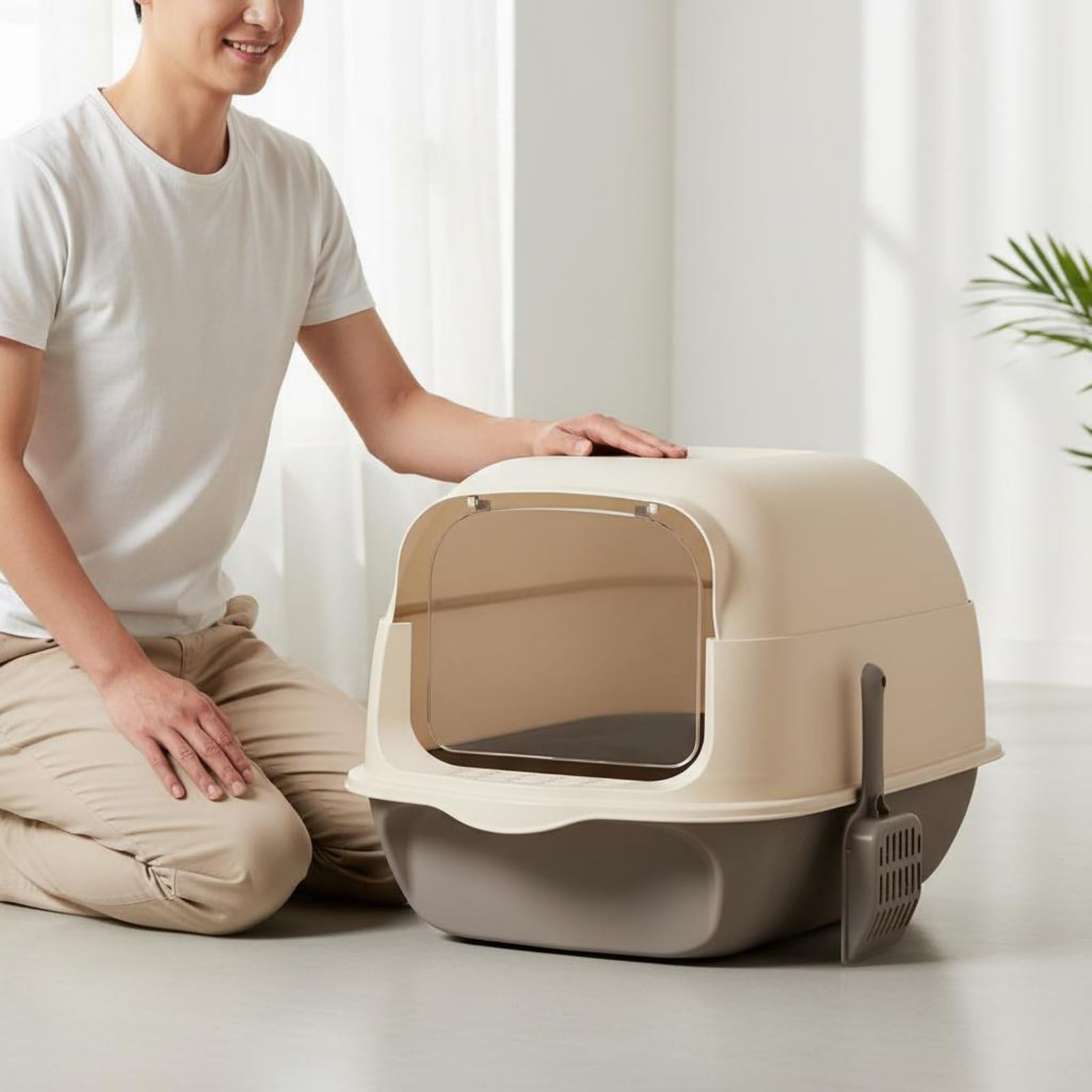 Caja de Arena para Gatos Arenero Bandeja Inodoro Sanitario con Entrada con Escalón Que Reduce Rastros y Salpicaduras Tapa Abatible y Estructura, Verde