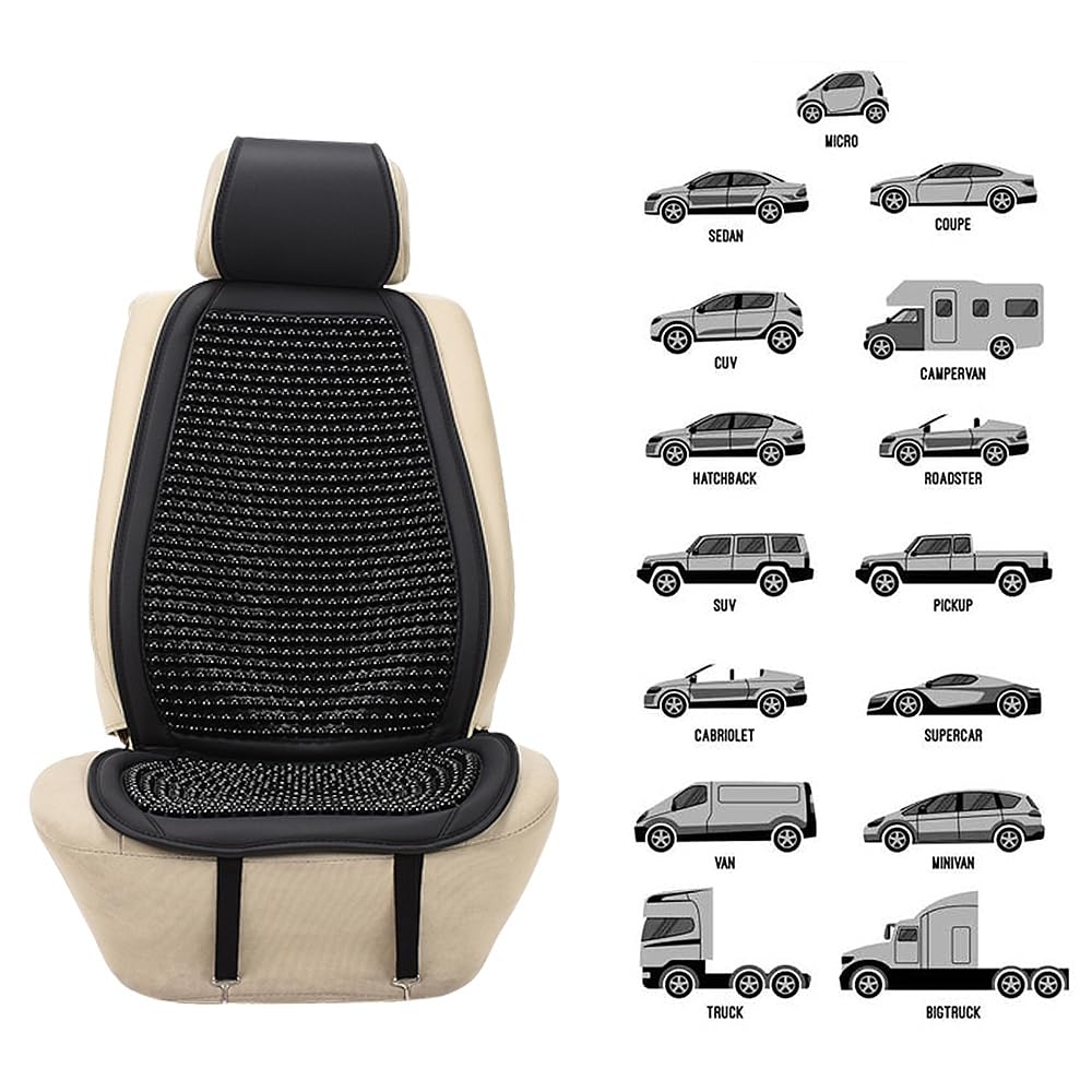 JSCARLIFE 2 coprisedili universali con perline in legno naturale, cuscino massaggiante per auto e camion, quattro stagioni e traspirante, rende la guida più sopportabile durante i lunghi viaggi (nero