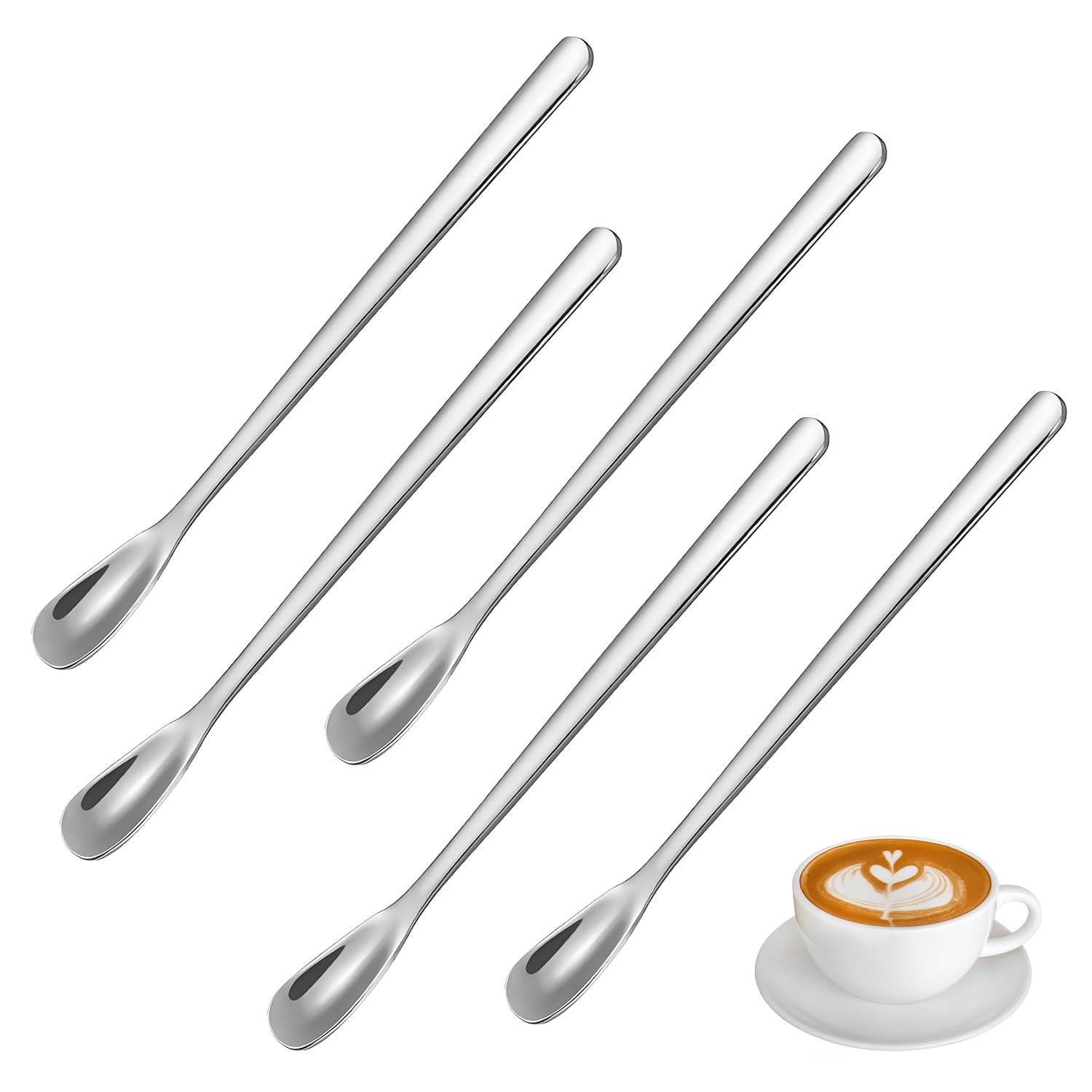 5pcs Latte Spoons, Stirrer for Drinks Long Handle Teaspoons Set, 5.5Inches/14CM Tea Spoon, 5-Piece Collection Coffee Tea Milkshake Ice Cream Sundaes for Premium Bar Tools-image-9