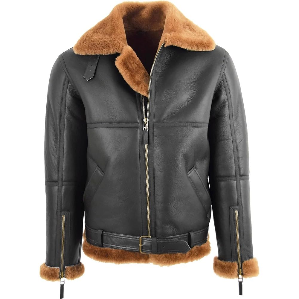 Mens Real Leather Jacket in Aviators Real Sheep skin RAF B3 Sherling Biker style (Belted)