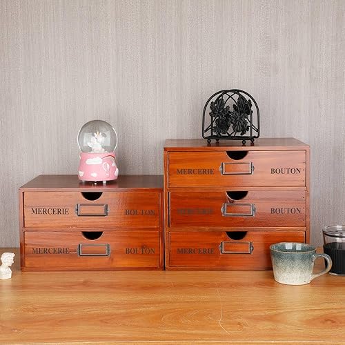 Miniatura 6 de Caja de almacenamiento de madera, organizador de escritorio rústico con 3 cajones, accesorios de escritorio de oficina, estante grande de