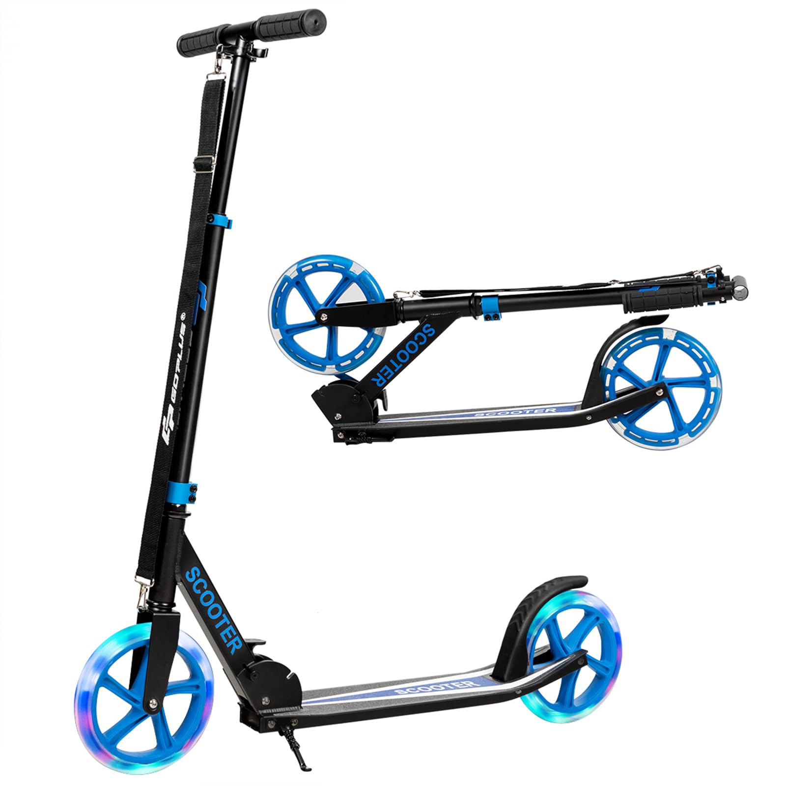 COSTWAY Monopattino Pieghevole con Altezza Regolabile, 2 Ruote Luminose con Freno, Manubrio Regolabile, Pedana Antiscivolo, Tracolla e Cavalletto, Scooter Portata 100kg, 10+ Anni