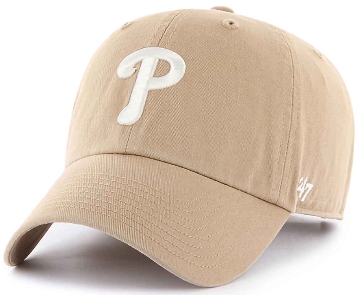 47 Brand MLB Khaki White Primary Logo Clean Up Adjustable Strap Baseball Dad Hat Cap, Adult One Size Fits All, Philadelphia Phillies, One Size