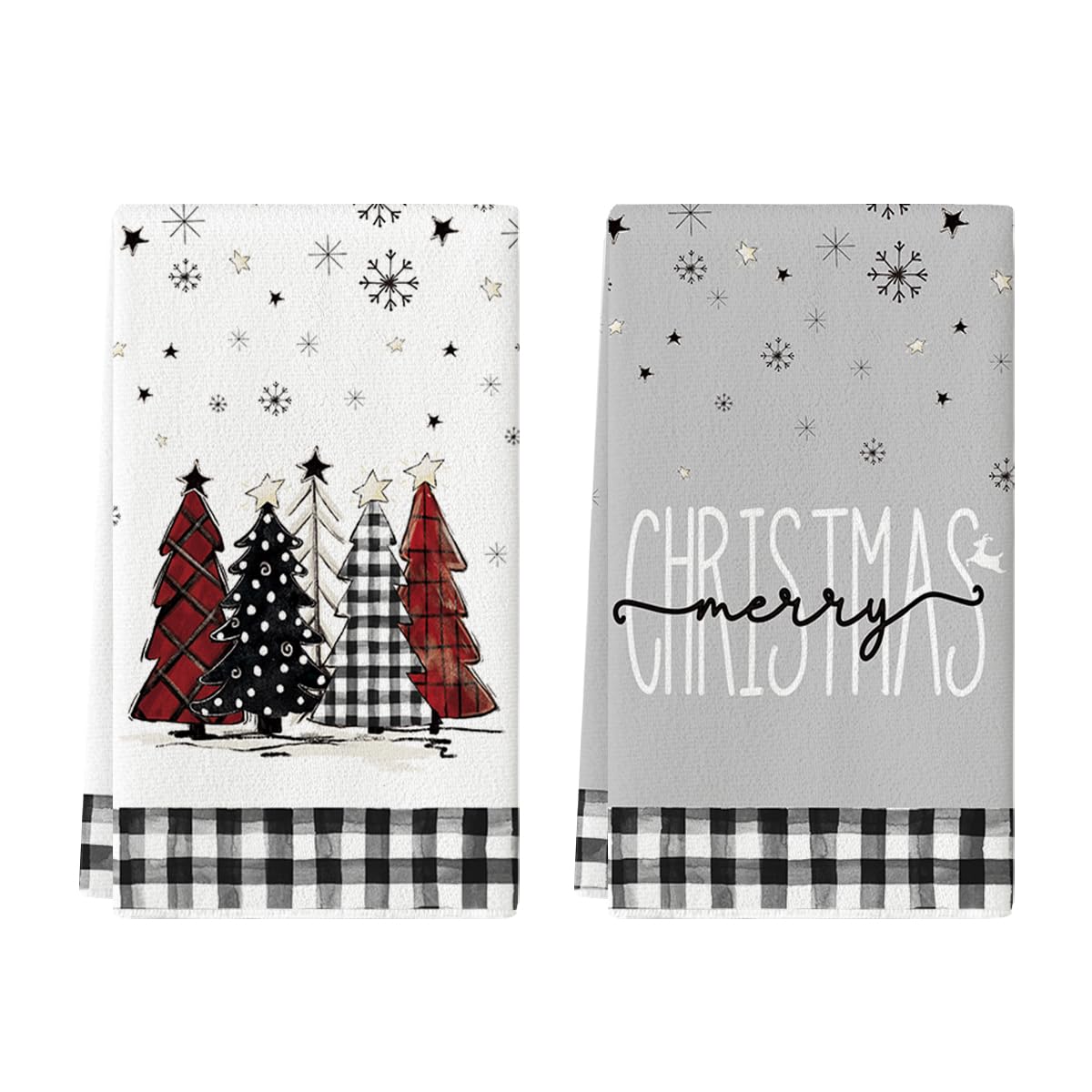 Artoid Mode Juego de 2 paños de cocina de poliéster con diseño de cuadros de búfalo y árboles de Navidad, 42 x 65 cm, diseño de copos de nieve, color negro y blanco
