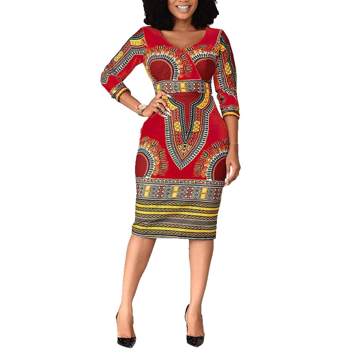 Verwin Women's Red Mid-Calf V Neck Three Quarter Sleeve Print Bodycon Dress African Midi Dress (Large, )