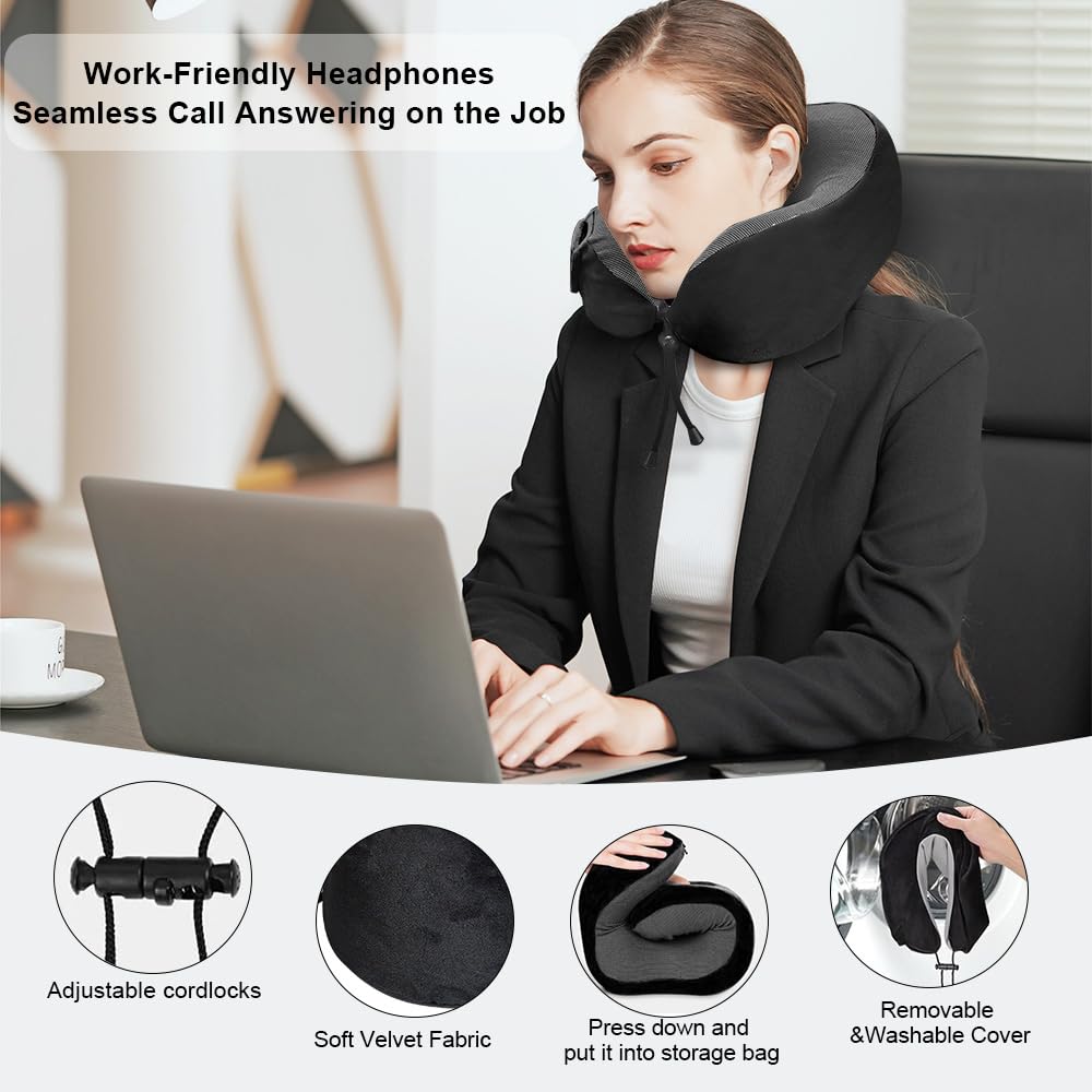 Ateupom Neck Pillow with Bluetooth Headphones Function for Travel, Travel Pillow 100% Pure Memory Foam, Airplane Pillow, Wireless Headphones with Microphone for Traveling Car Home Office Black 4