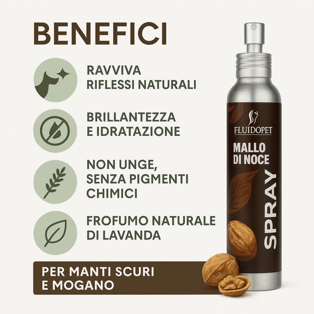 Spray al Mallo di Noce | Ravvivante colore per Manti Neri, Marroni e Scuri – Effetto Naturale e Brillante – Lucidante Professionale per Pelo Cane (150ml)