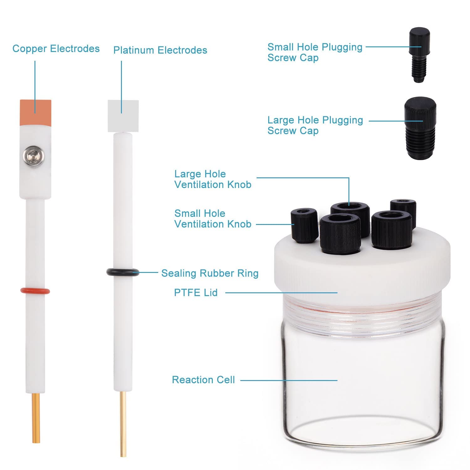 stonylab Elektrolytzelle, Borosilikat-versiegelte Elektrochemikalie Zellen-Kit Reaktor Elektrolyseur mit 5-Loch-PTFE-Deckel, 100 ml