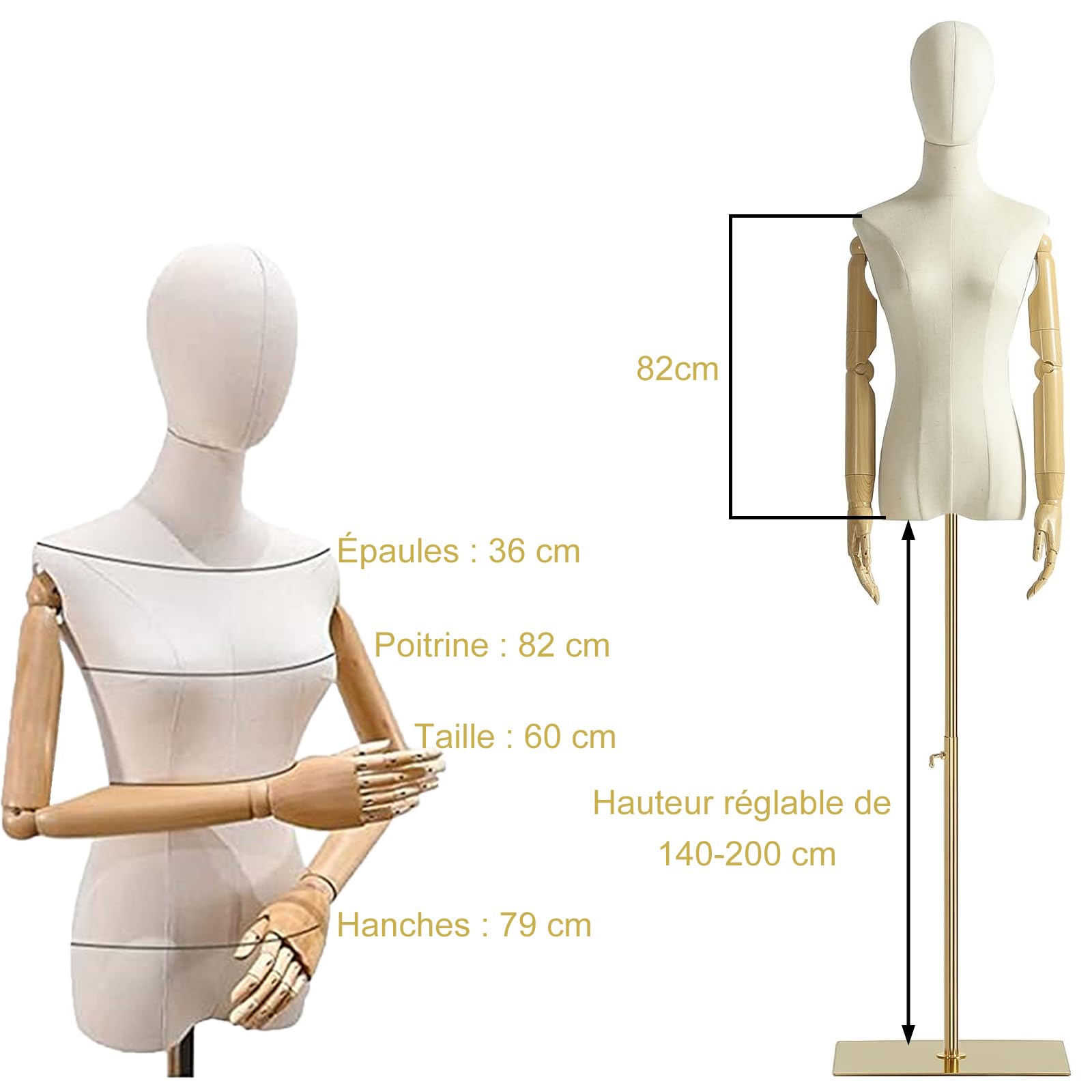 Mannequin de vitrine féminin en forme de torse, affichage du corps avec tête amovible, mains en bois et or réglable en hauteur de 140 à 200 cm, pour robe et bijoux, beige