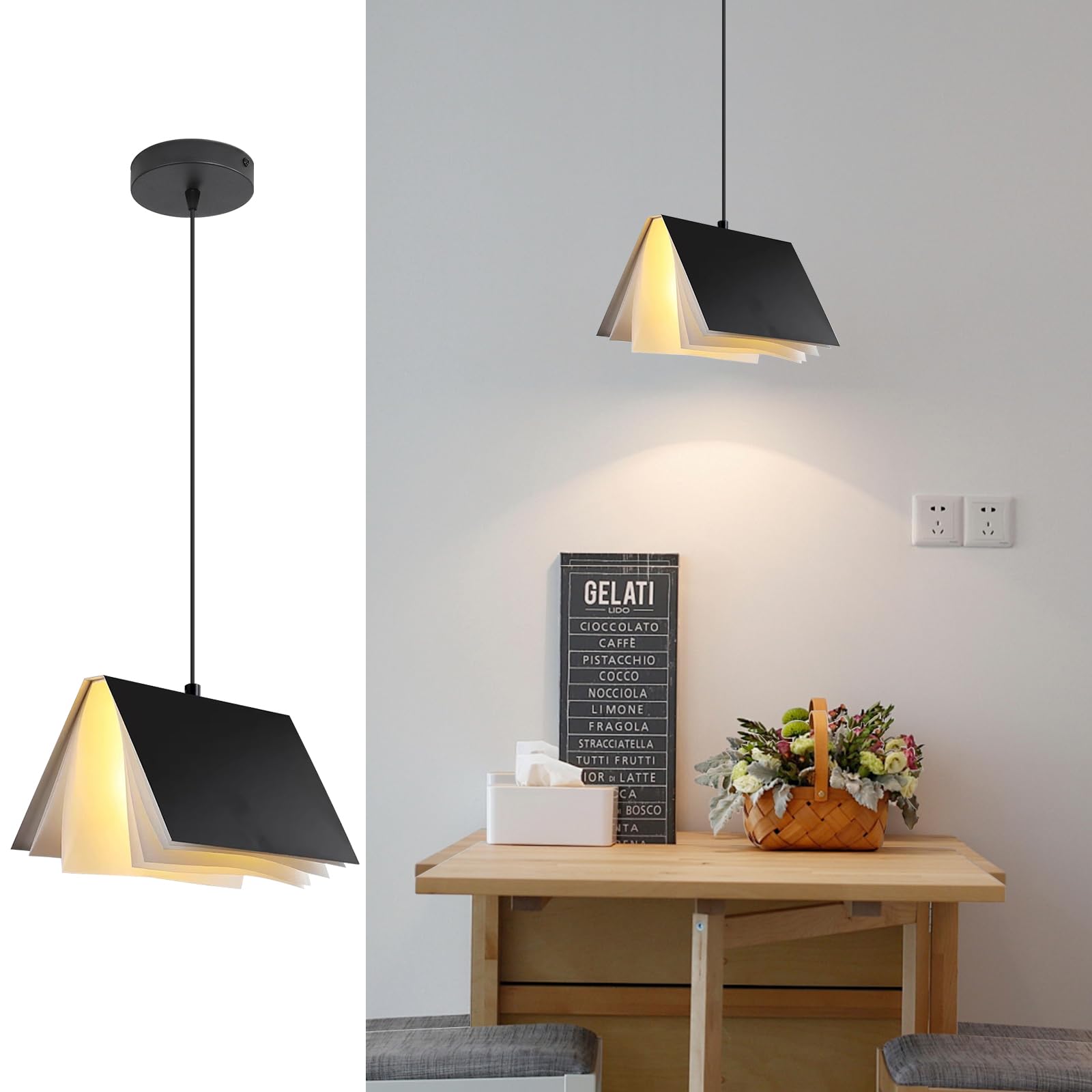 Mikeru Scandinavian Style Pendant Light, Height Adjustable 1.1m Hanging Study Pendant Light, Black Led Fixture, for Library, Study, Bedside, Cafe