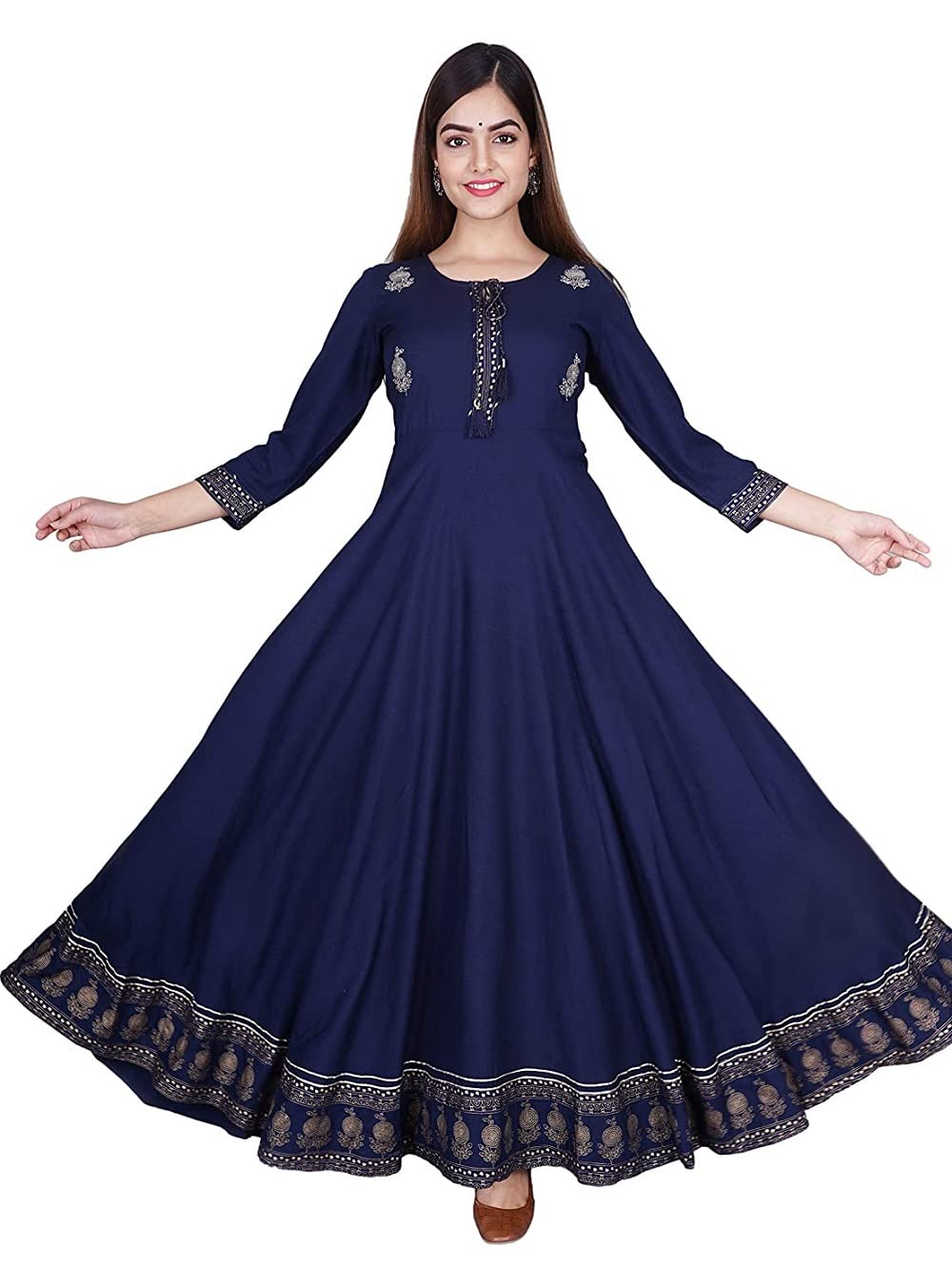 Rayon 3/4 Sleeve Round Neck Ankle Length Embroiderd Anarkali Flared Kurta/Gown for Womens and Girls-image-43
