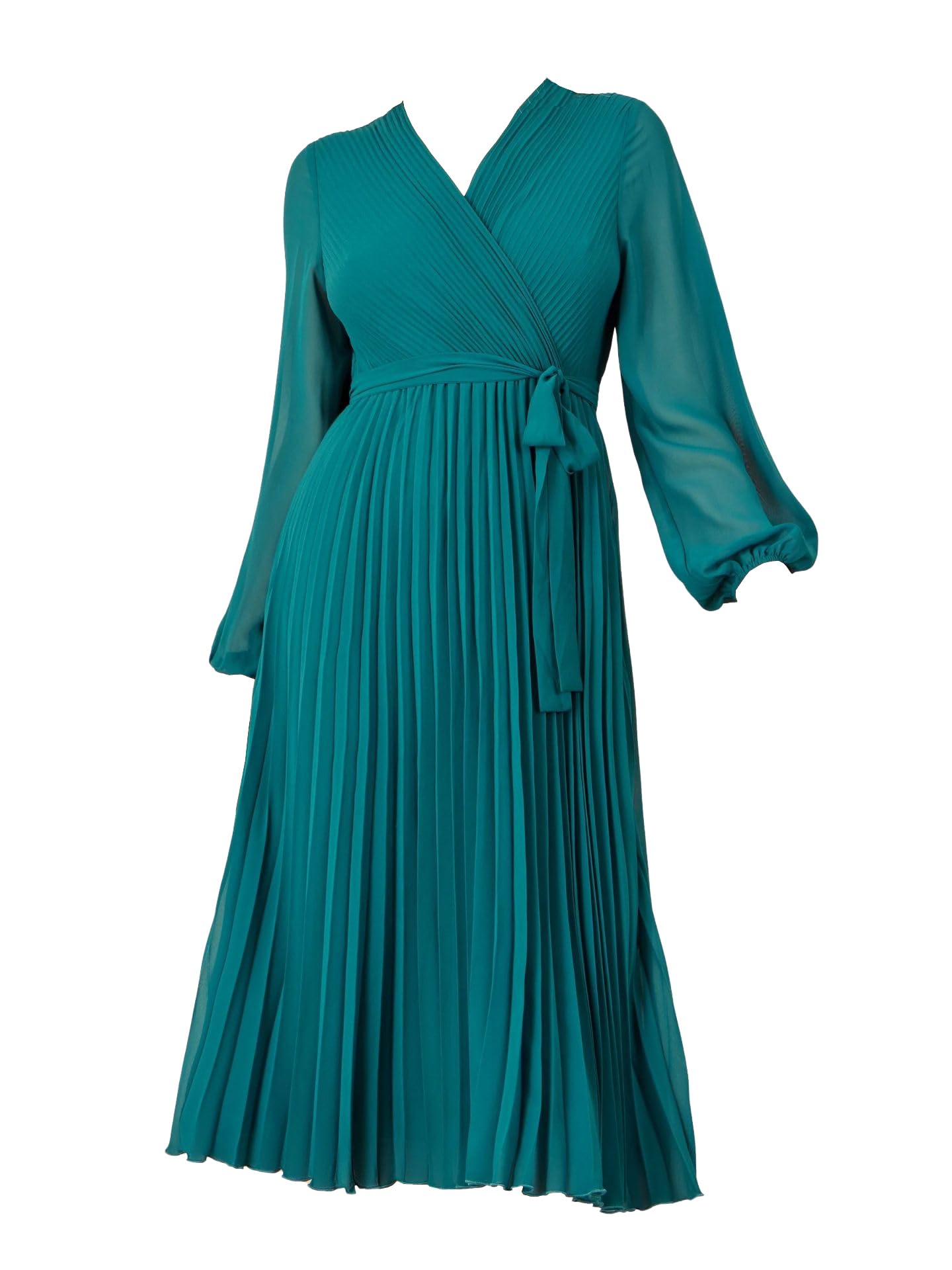 Yumi Women's Teal Pleated Wrap Midi Dress With Sheer Long Sleeves (Uk, Numeric, 10, Regular, Regular, )