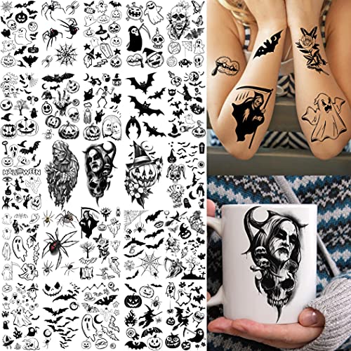 Shegazzi 52 Sheets Halloween Temporary Tattoos For Kids Boys Girls Women Men, 3D Scary Skull Skeleton Fake Tattoos Sticker For Adults, Small Ghost Vampire Bat Pumpkin Spider Temp Transfer Tatoos Devil #TOP1