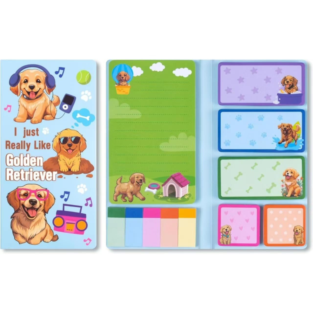 Golden Retriever Notes Set, 550 Sheets,Cute Cartoon Dog Post It Notes with 3 Point Pens, Self-Adhesive Writing Memo Pages Back to School Office Supplies