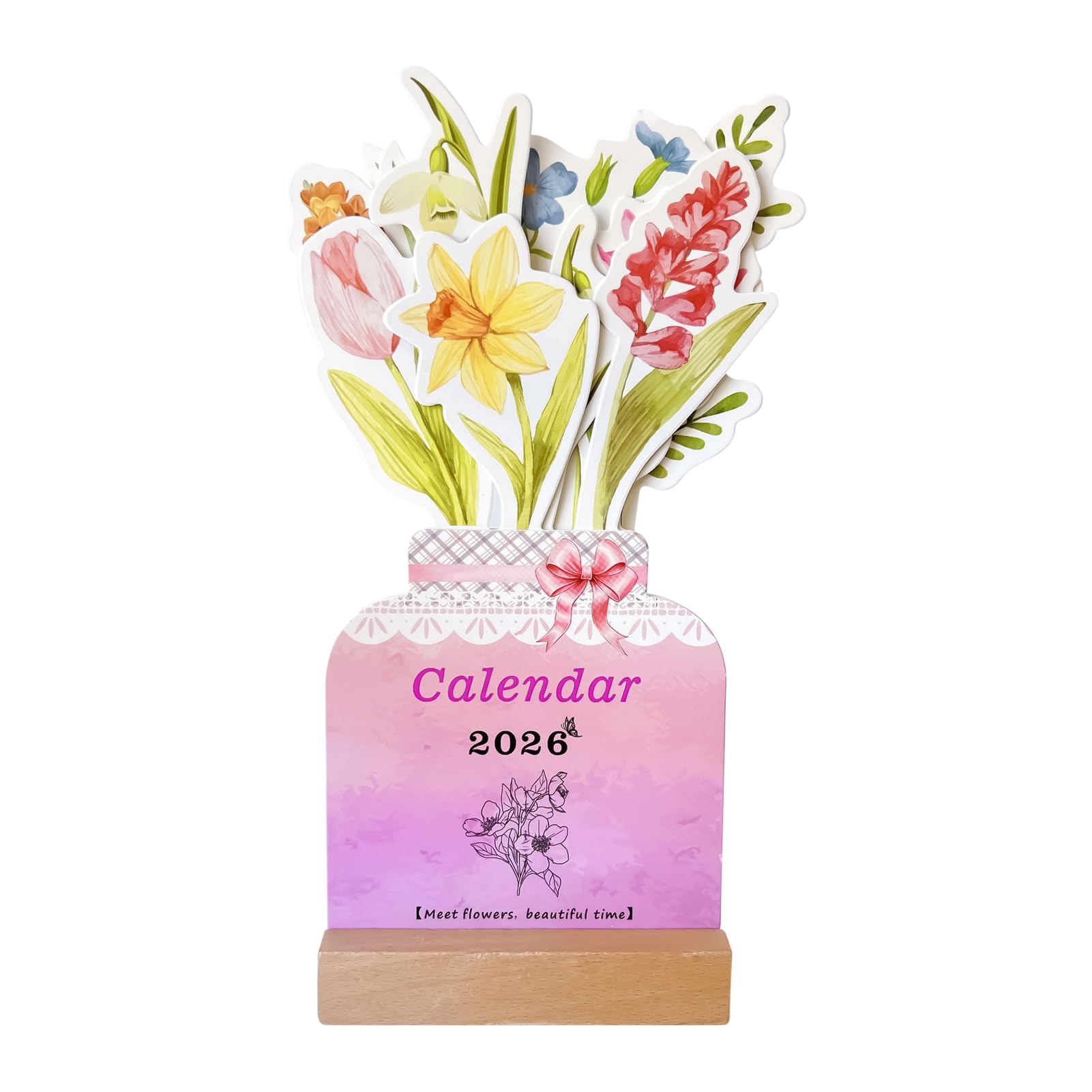 Calendario Da Scrivania Floreale 2026 – Mini Organizer Con Supporto A Vaso, 23x10 Cm, In Legno E Carta, Per Ufficio E Casa